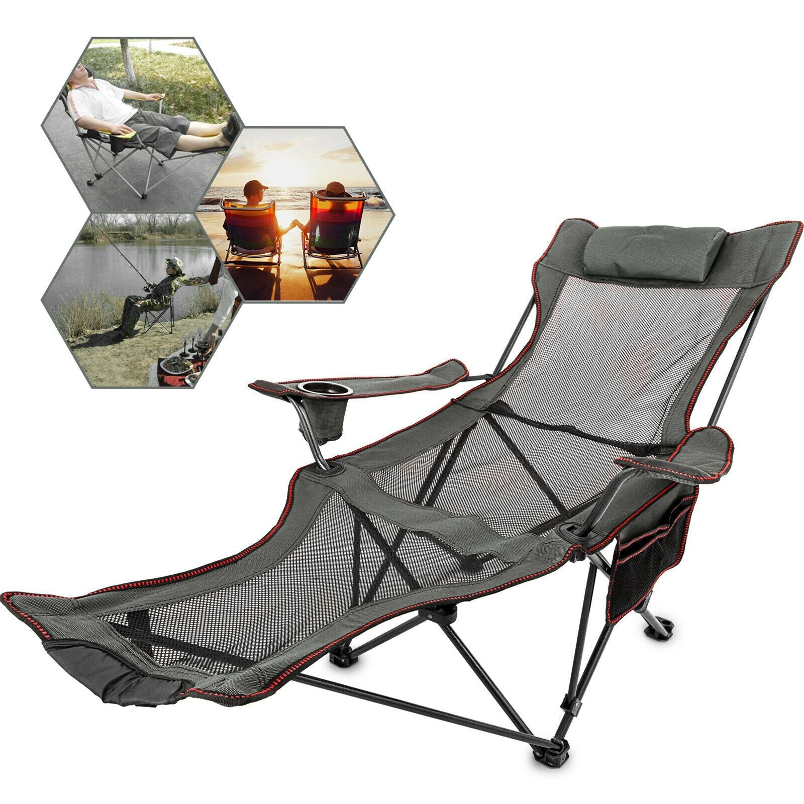 Reclining Folding Camp Fishing Beach Chair with Footrest Portable